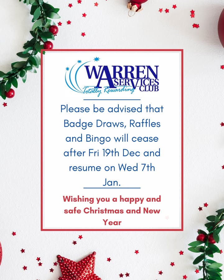 Featured image for “Festive Season Update: Final Badge Draw, Raffles, and Bingo at Warren Services Club”