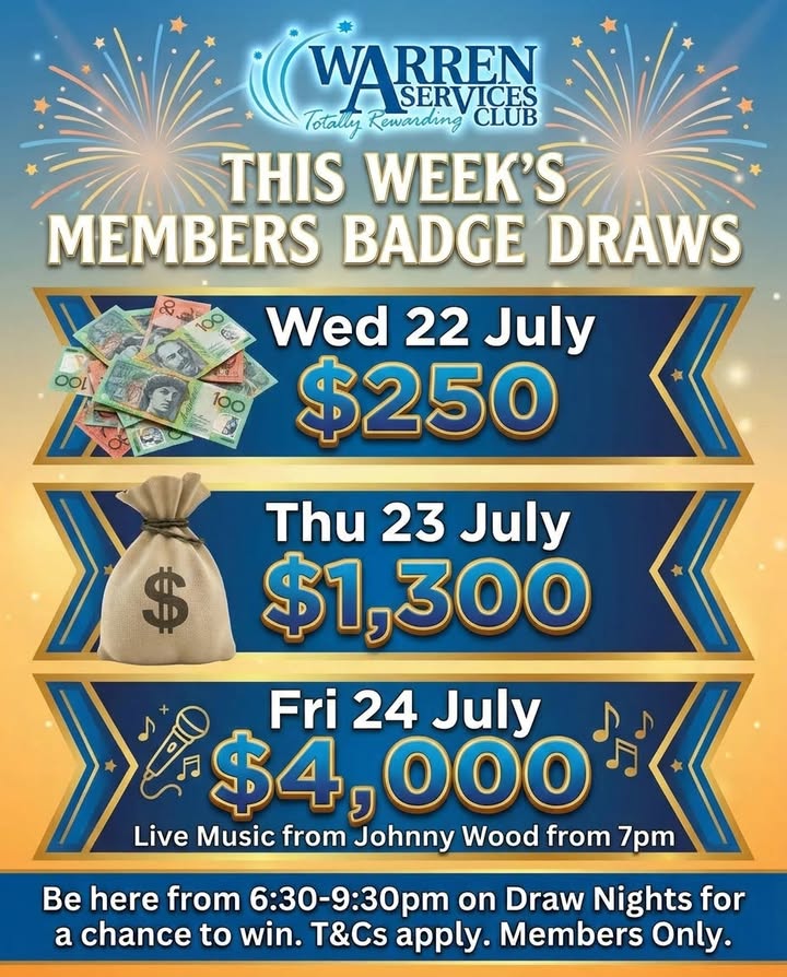 Featured image for âMembers Badge Draw & Live Music at Warren Services Clubâ