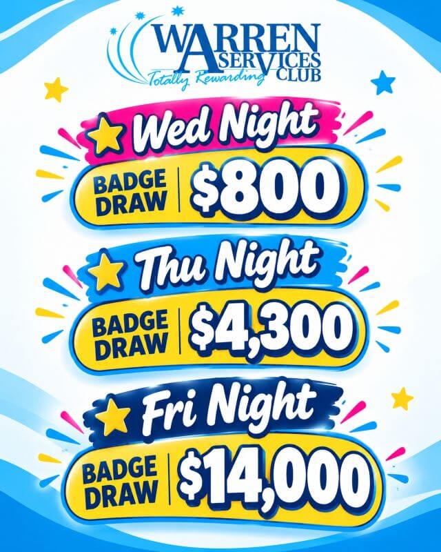 Featured image for “Big Badge Draw Week at Warren Services Club”