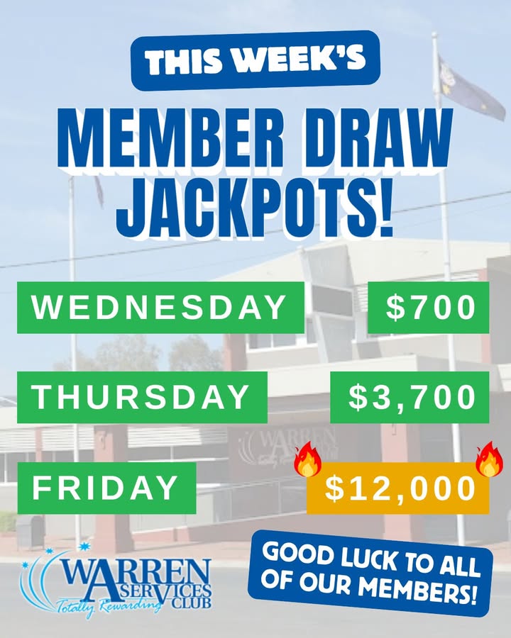 Featured image for “$12,000 Member Draw Jackpot This Friday at Warren Services Club”